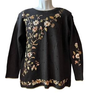VINTAGE 90s Heirloom Collectibles Autumn Daisies Embellished Sweater Size L